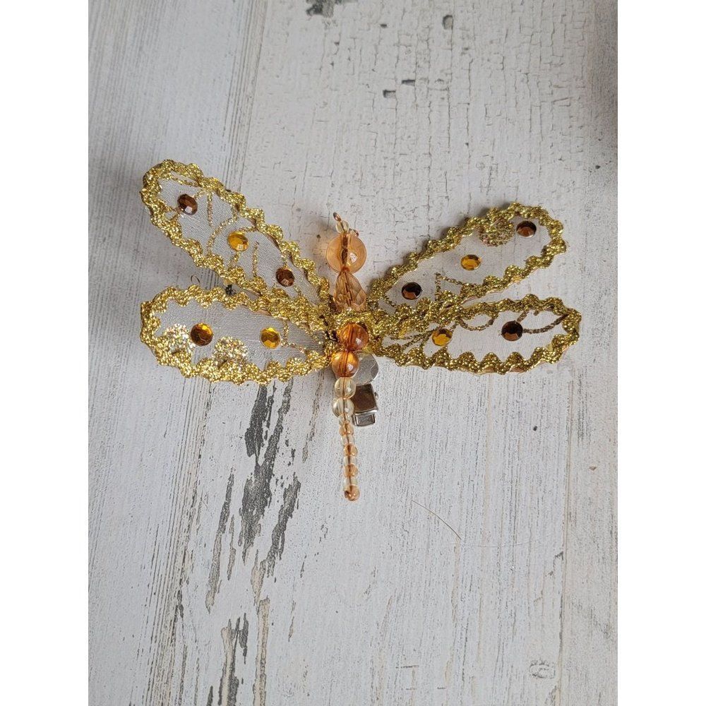 Unique orange‎ clip dragonfly bug ornament Xmas golden glitter